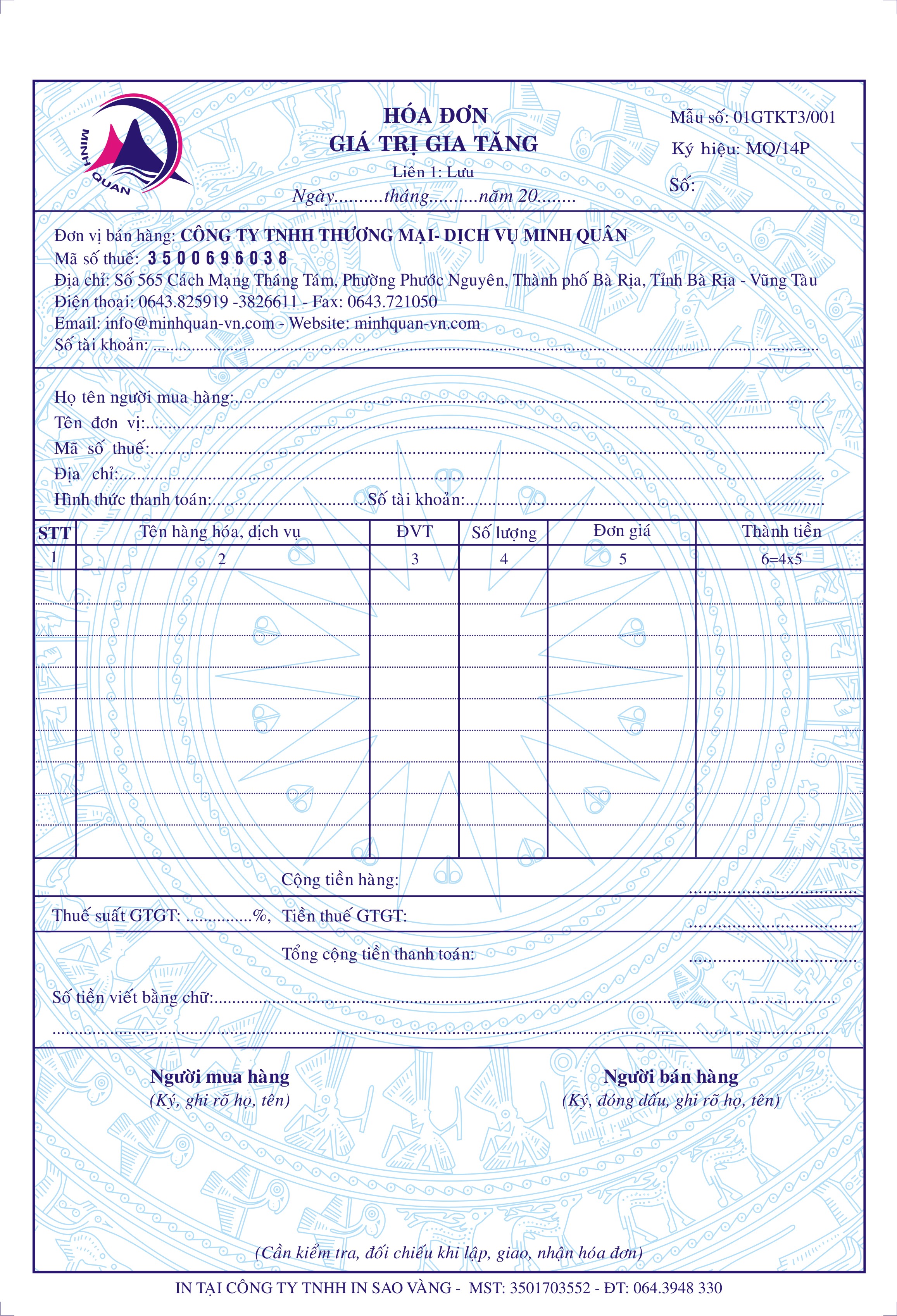 In hóa đơn VAT - Công Ty TNHH In Sao Vàng